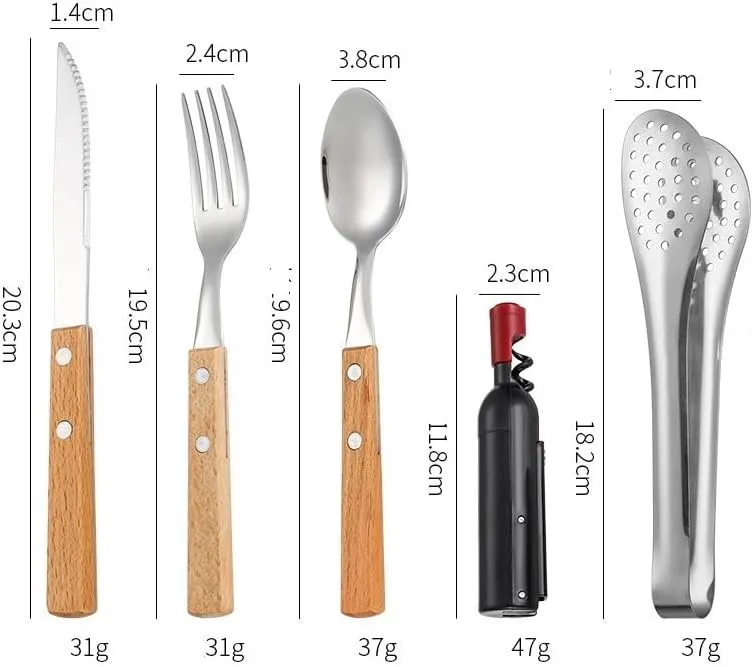 Silverware Flatware Cutlery Set, Outdoor Camping Two-person Tableware Set 304 Stainless Steel Wooden Handle Knife, Fork, Spoon, Steak Clip, Bottle Opener(Brown silver,8Set)