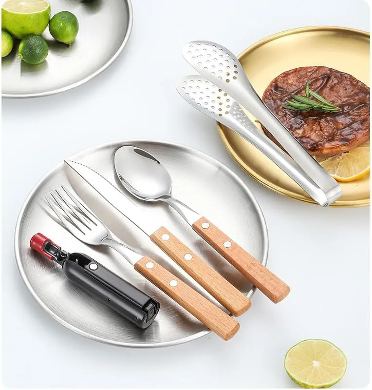 Silverware Flatware Cutlery Set, Outdoor Camping Two-person Tableware Set 304 Stainless Steel Wooden Handle Knife, Fork, Spoon, Steak Clip, Bottle Opener(Brown silver,8Set)