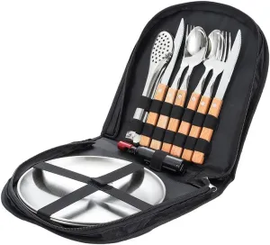 Silverware Flatware Cutlery Set, Outdoor Camping Two-person Tableware Set 304 Stainless Steel Wooden Handle Knife, Fork, Spoon, Steak Clip, Bottle Opener(Brown silver,8Set)