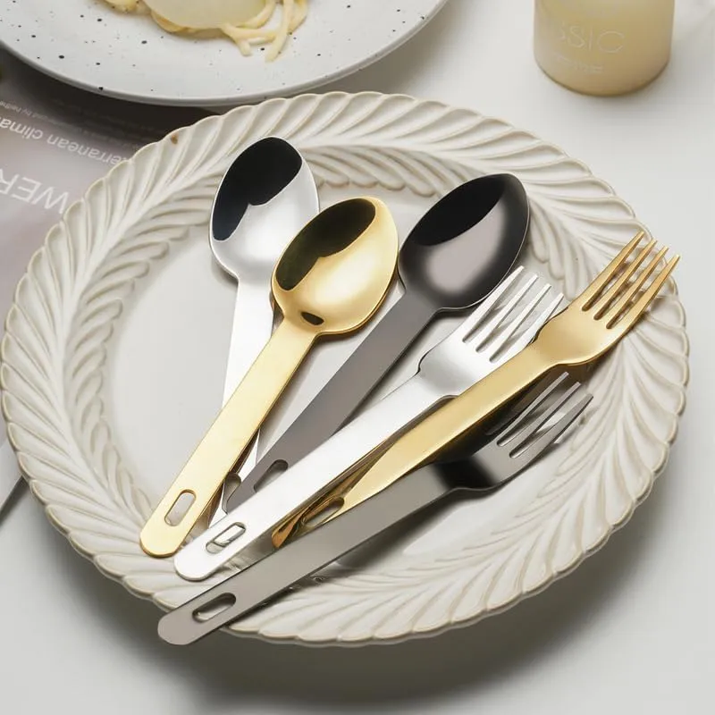 Silverware Flatware Set, 1/4/6/8/10/12pcs Creative 304 Stainless Steel Spoon Camping Tableware Travel Outdoor Portable Tableware Set With Holes(Silver,6 Pieces)