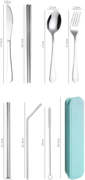 Silverware Flatware Set, 8 Piece Stainless Steel Tableware Straw Set Portable Outdoor Tableware Spoon Chopsticks Spoon And Fork Combination (Color : Green, Size : 1Set)