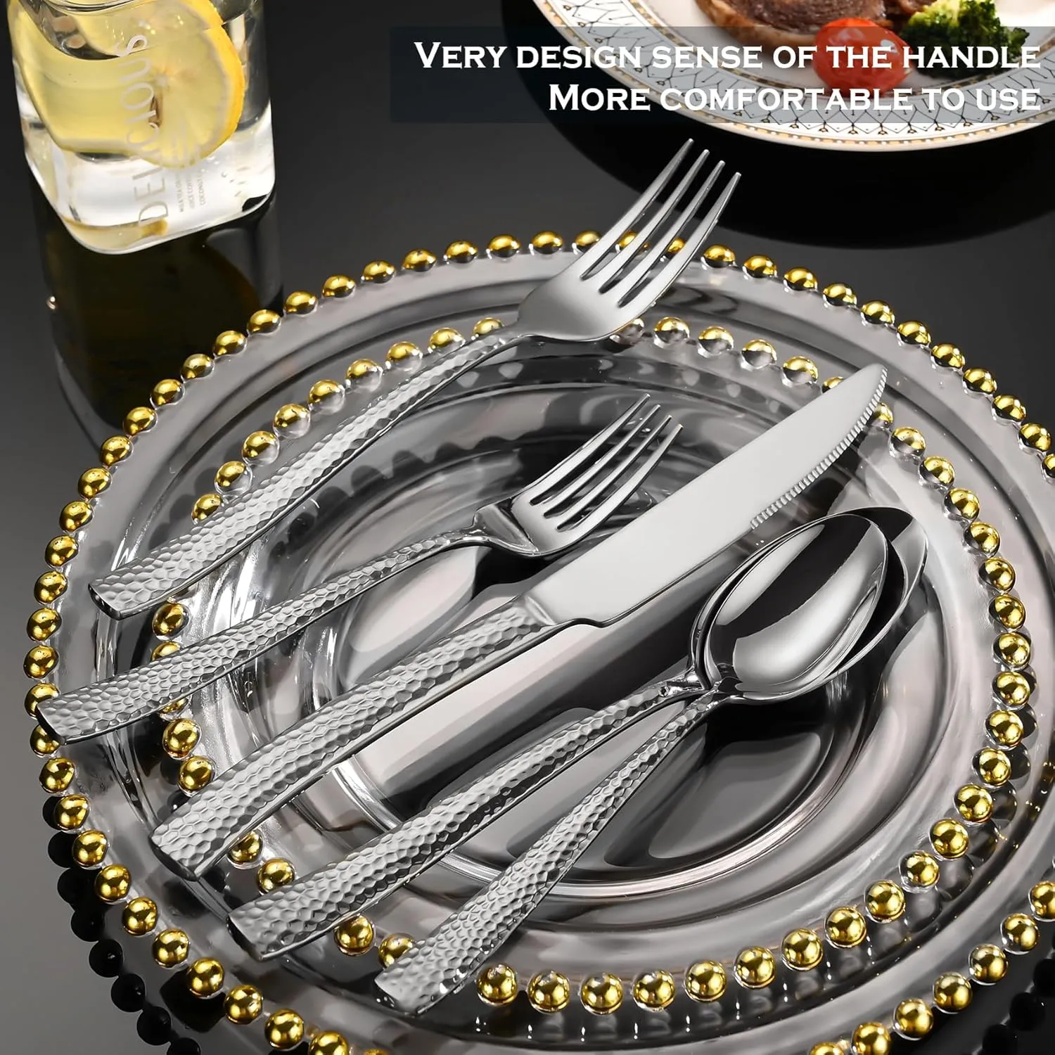 Silverware set, 20 Pieces Hammered Stainless Steel Flatware Sets for 4, Knifes Forks and Spoons Black silverware set, Home Kitchen and party Cutlery Sets, Dishwasher Safe (silver, 20-piece)