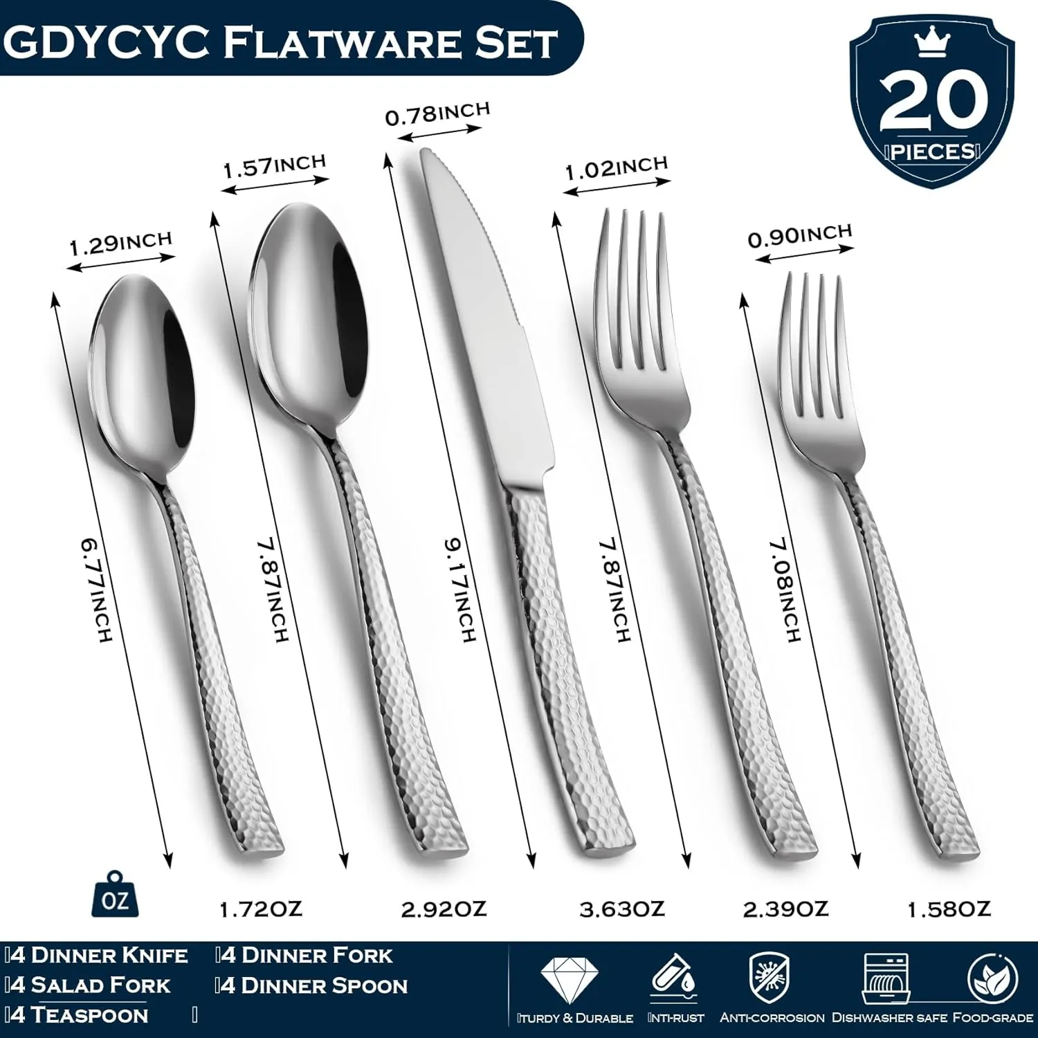 Silverware set, 20 Pieces Hammered Stainless Steel Flatware Sets for 4, Knifes Forks and Spoons Black silverware set, Home Kitchen and party Cutlery Sets, Dishwasher Safe (silver, 20-piece)