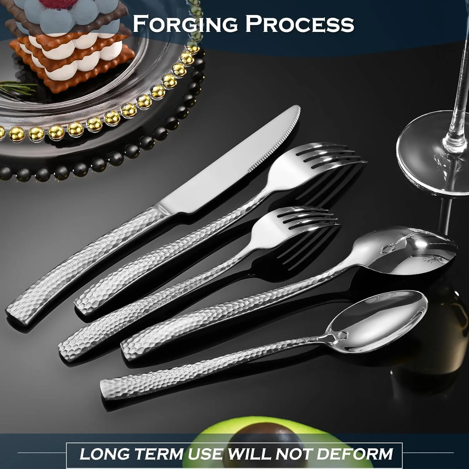 Silverware set, 20 Pieces Hammered Stainless Steel Flatware Sets for 4, Knifes Forks and Spoons Black silverware set, Home Kitchen and party Cutlery Sets, Dishwasher Safe (silver, 20-piece)