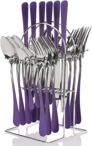 Silverware Set, 24 Pieces Flatware Set with Hanging Stand, Stainless Steel Tableware Set Includes Dinner Knives Forks Spoons, Gradient Colour Cutlery Set for Home Kitchen Restaurant (Purple)