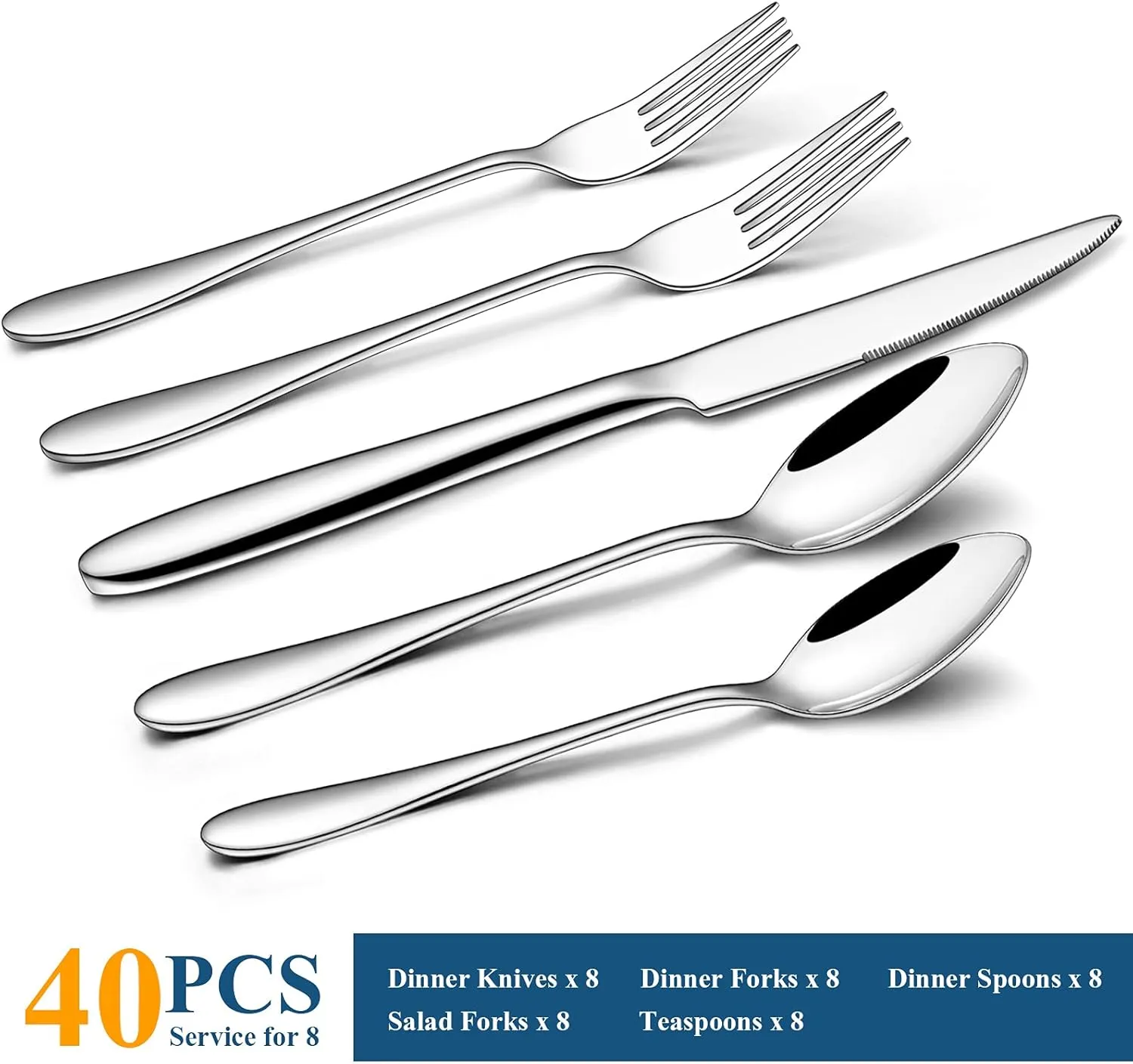 Silverware Set, 40-Piece Flatware Set, Wildone Stainless Steel Tableware Cutlery Set Service for 8, Include Dinner Knives/Forks/Spoons, Mirror Polished, Dishwasher Safe