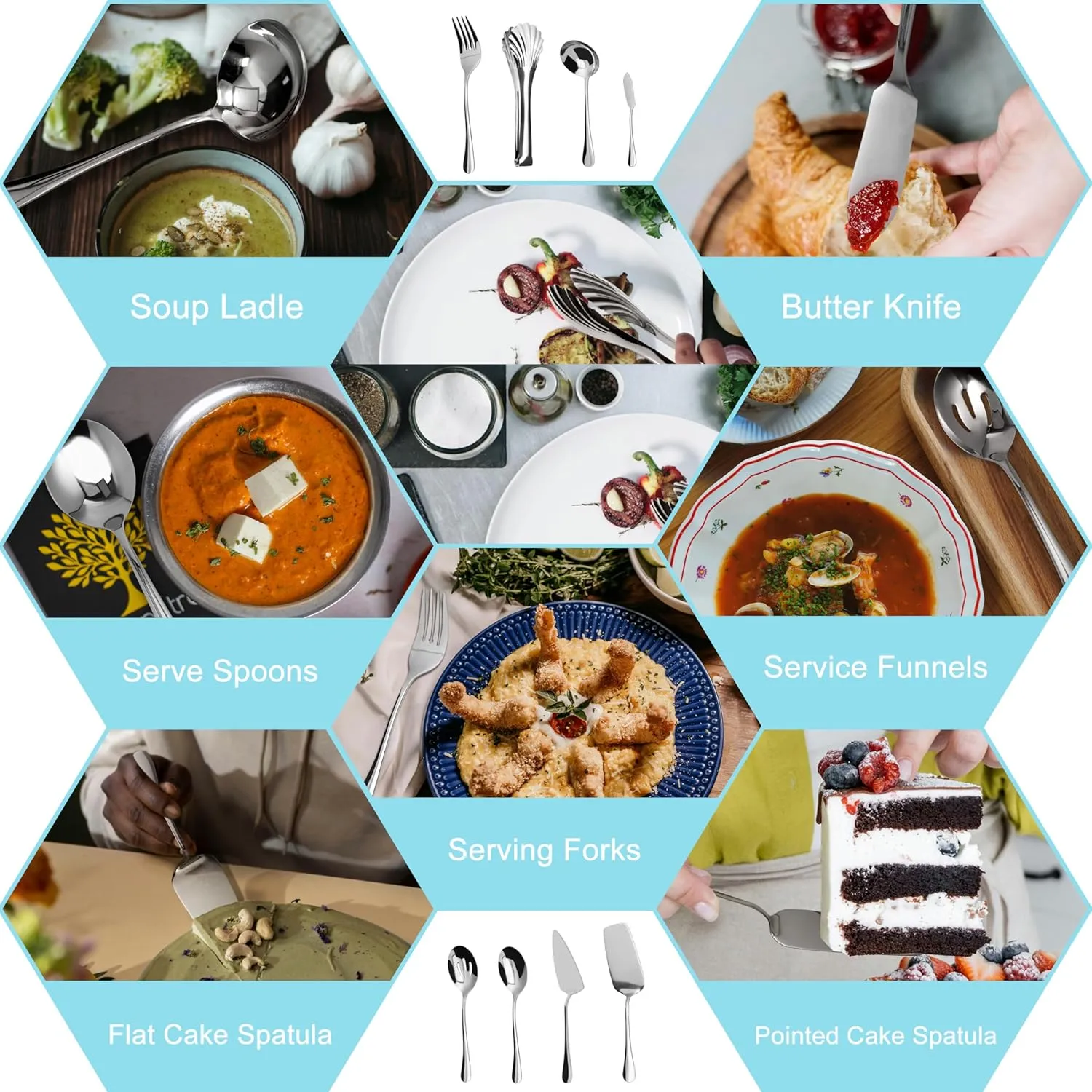 Silverware Set,32 piece Siverware Set and Serving Utensil Set,Stainless Steel Knives Spoon Forks Set for Home, Kitchen, Mirror Polished& Dishwasher Safe (5.5-11.2Inch Serving set Silverware set-32pcs)