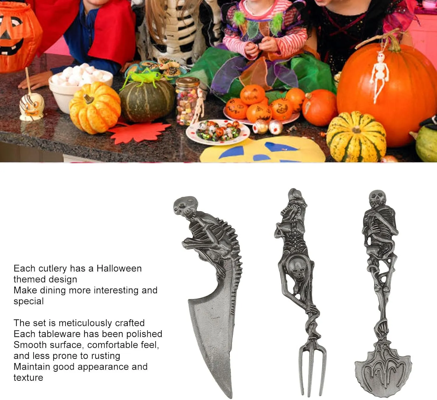 Skeleton Skull Cutlery Set, 3 Piece Cutlery Set, Includes Spoon, Fork and Knife, Cutlery, Modern Design, Great Gifts for Halloween, Easter and Christmas(Grey)