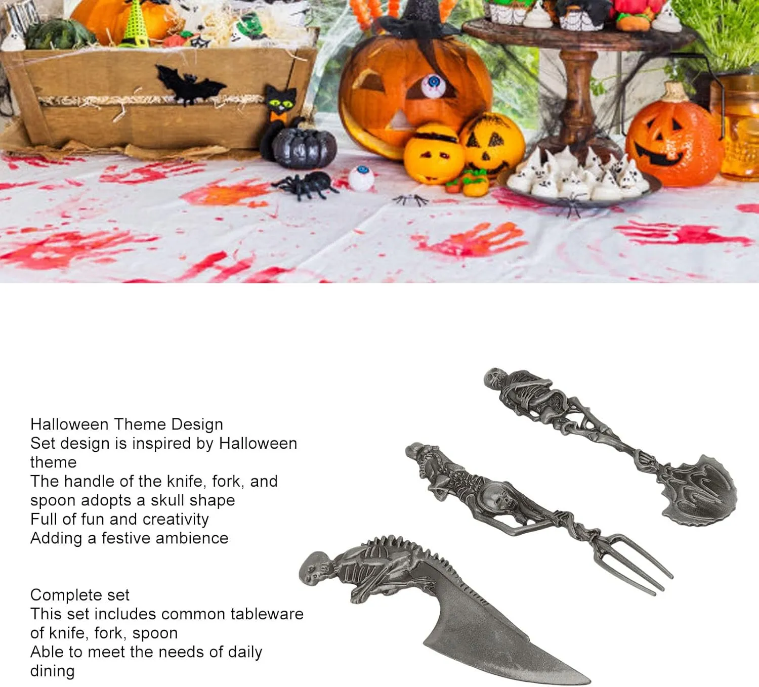 Skeleton Skull Cutlery Set, 3 Piece Cutlery Set, Includes Spoon, Fork and Knife, Cutlery, Modern Design, Great Gifts for Halloween, Easter and Christmas(Grey)