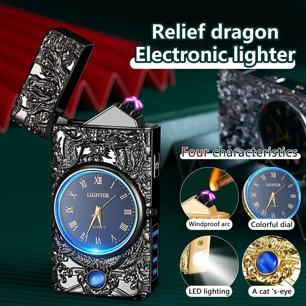 SKRFIRE Dragon Plasma Electric Arc USB Lighter - Multifunctional Metal With Luminous Real Watch Dial & LED Lighting (Black Dragon)