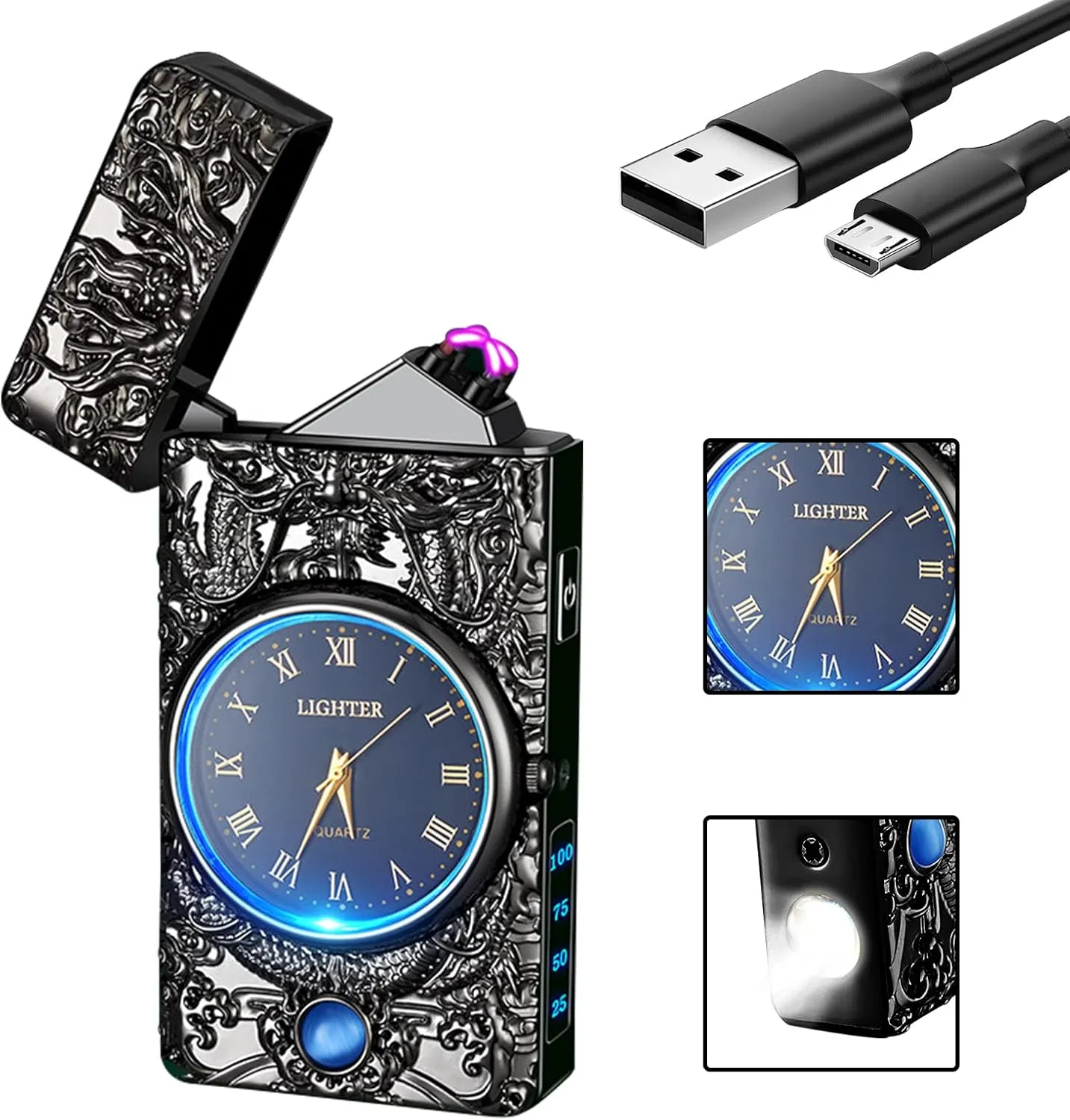 SKRFIRE Dragon Plasma Electric Arc USB Lighter - Multifunctional Metal With Luminous Real Watch Dial & LED Lighting (Black Dragon)