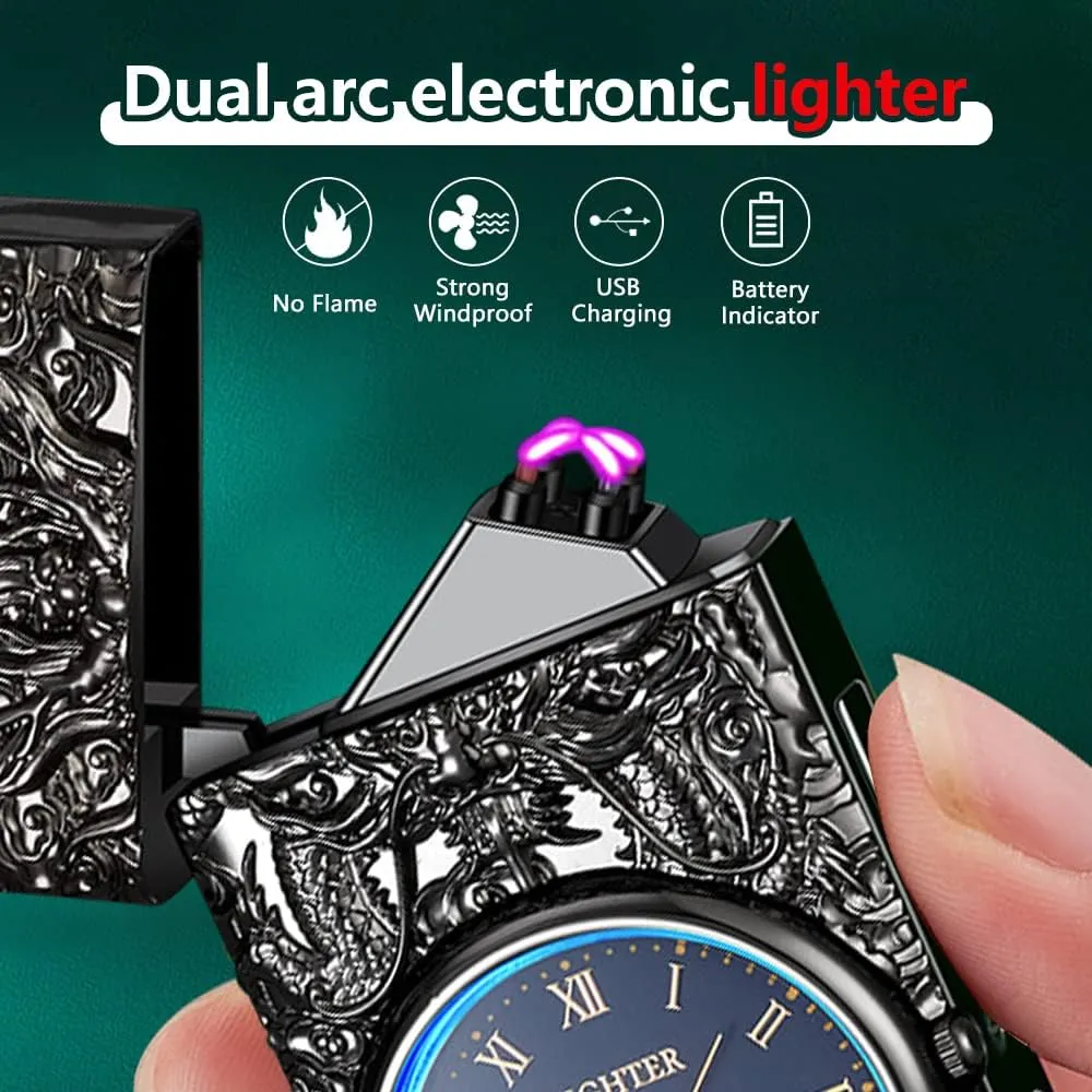 SKRFIRE Dragon Plasma Electric Arc USB Lighter - Multifunctional Metal With Luminous Real Watch Dial & LED Lighting (Black Dragon)