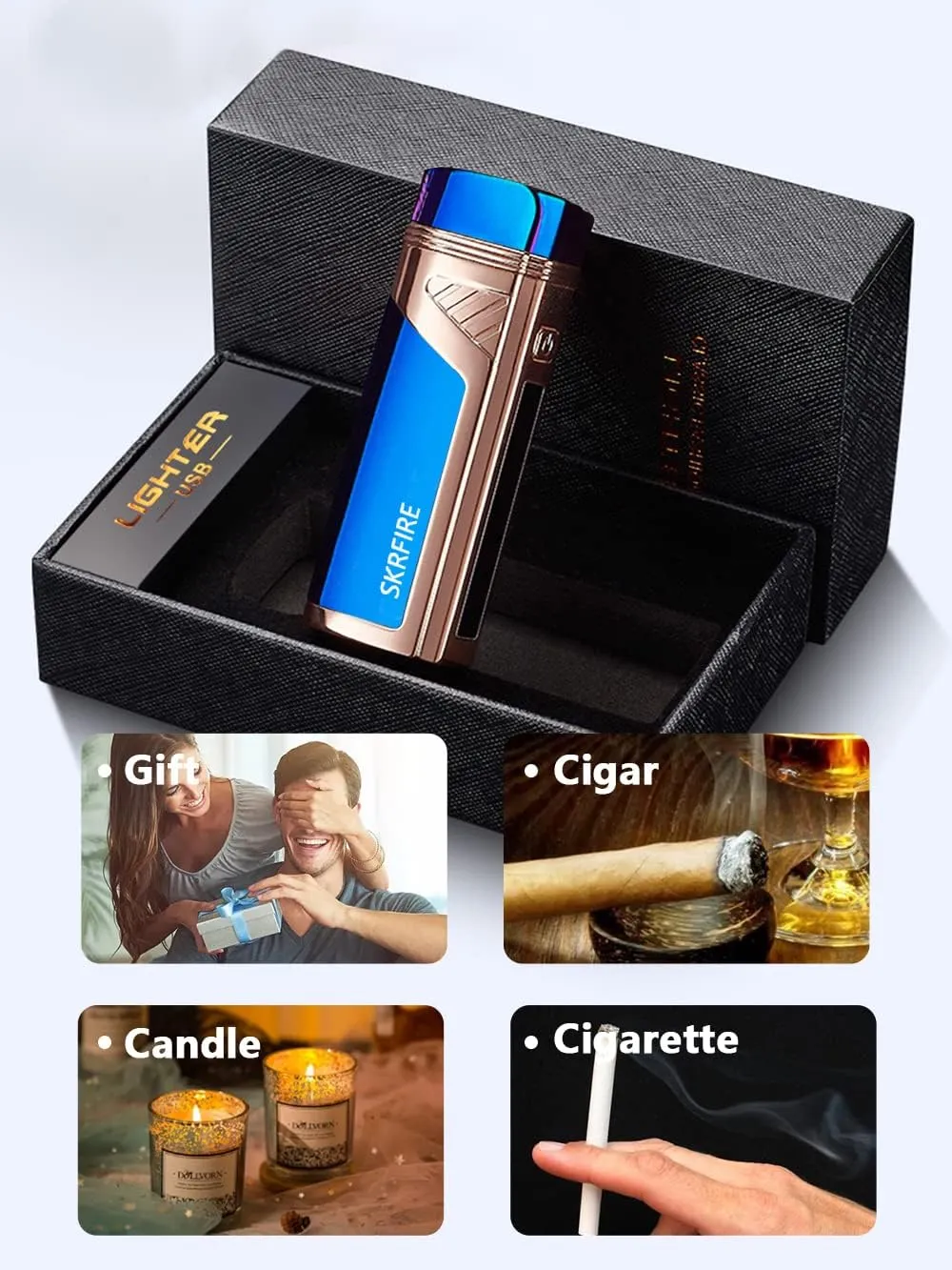 SKRFIRE Triple-Arc Electric Lighter, 2-in-1 Cigar Opener Windproof Lighter Flameless Plasma Lighter Rechargeable USB Lighter with Digital Battery Indicator (ICY Blue)