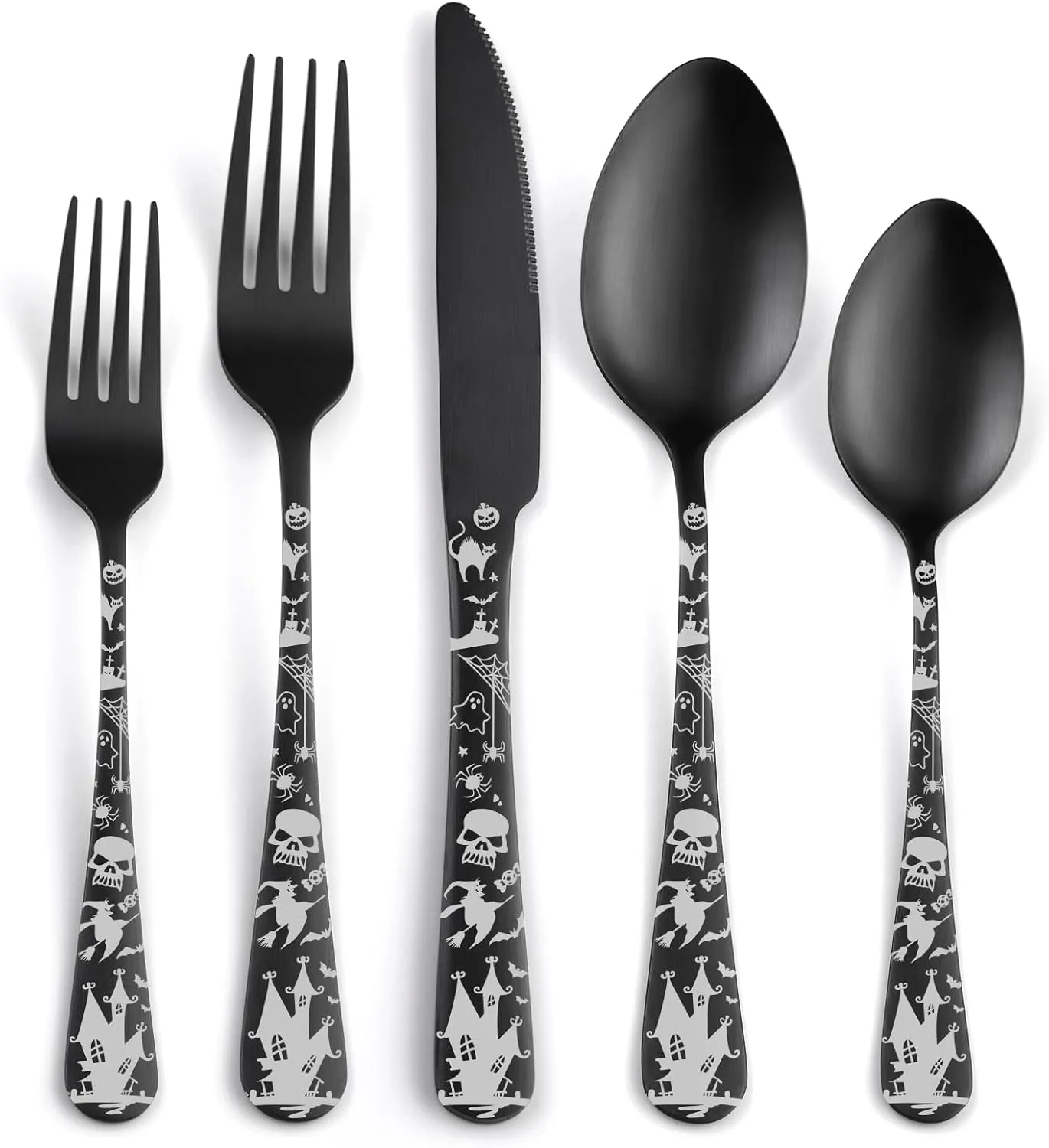 Skull Silverware Set SANLUNS 40 Piece Matte Black Unique Flatware Set for 8,Stainless Steel Fine Dining Utensils Spoons,Forks,Knife Pattern Tableware Durable Cutlery Halloween Home Kitchen,Dishwasher