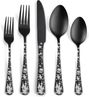 Skull Silverware Set SANLUNS 40 Piece Matte Black Unique Flatware Set for 8,Stainless Steel Fine Dining Utensils Spoons,Forks,Knife Pattern Tableware Durable Cutlery Halloween Home Kitchen,Dishwasher