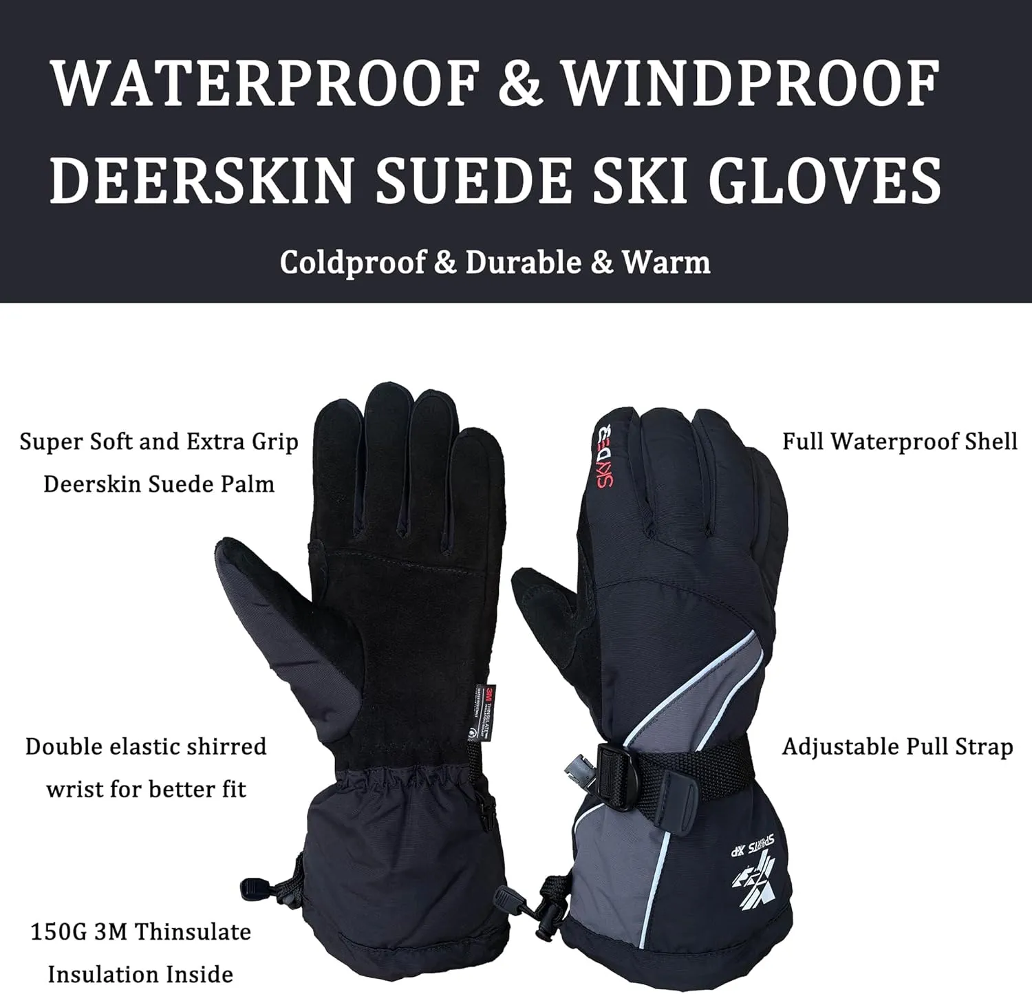 SKYDEER 100% Waterproof and Premium Deerskin Suede Leather Ski Gloves with 150G 3M Thinsulate Lining, Ultra Soft & Durable & Warm Cold Weather Gloves for Extreme Cold Condition (SD8650T)