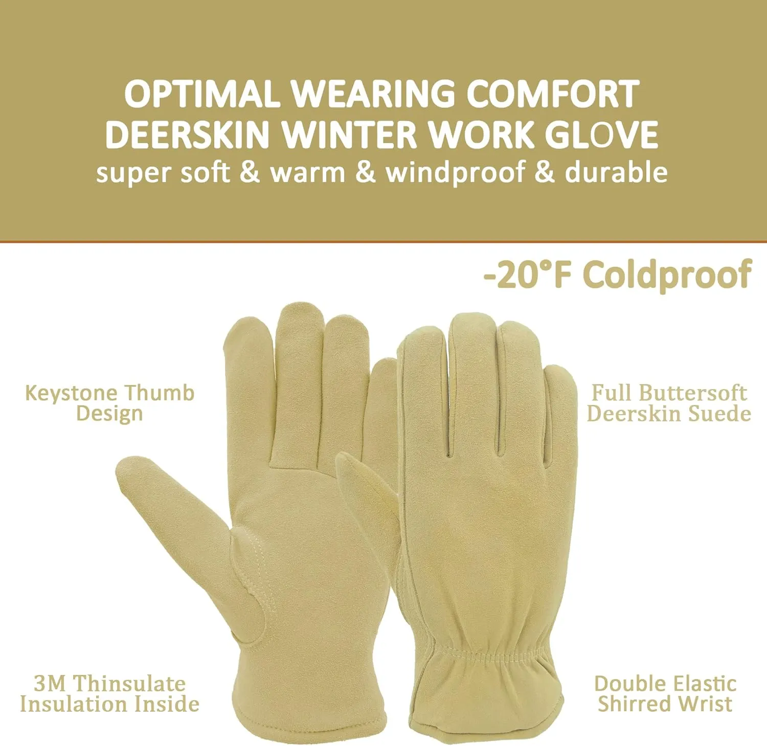 SKYDEER 3M Thinsulate Thermal Winter Work Gloves with Windproof Premium Genuine Deerskin Suede Leather (Unisex)