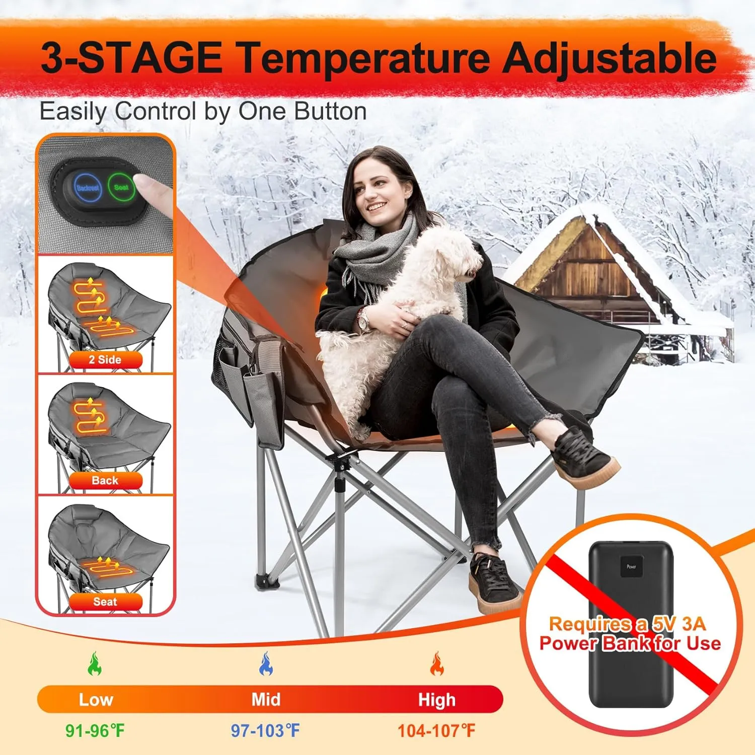 Slendor Heated Camping Chair Oversized, Portable Heated Chair Outdoor Sports with Backrest, High Back, Pillow, 3 Heat Levels, Folding Lawn Patio Lounge Chair, Supports 440 lbs