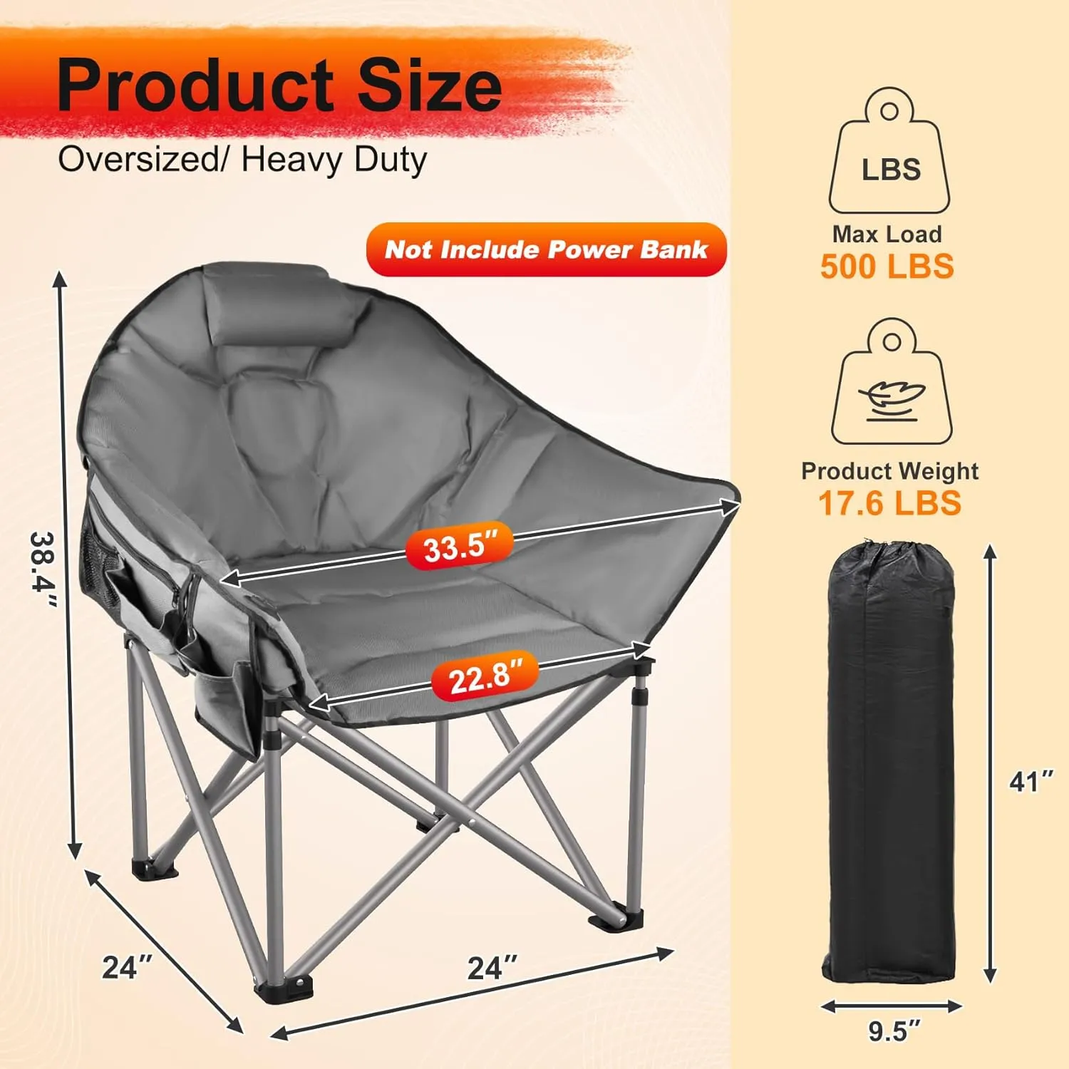 Slendor Heated Camping Chair Oversized, Portable Heated Chair Outdoor Sports with Backrest, High Back, Pillow, 3 Heat Levels, Folding Lawn Patio Lounge Chair, Supports 440 lbs