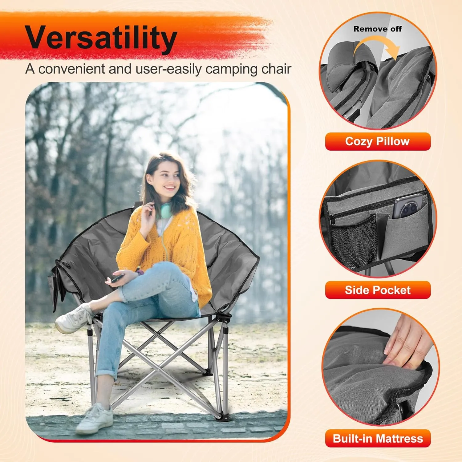 Slendor Heated Camping Chair Oversized, Portable Heated Chair Outdoor Sports with Backrest, High Back, Pillow, 3 Heat Levels, Folding Lawn Patio Lounge Chair, Supports 440 lbs