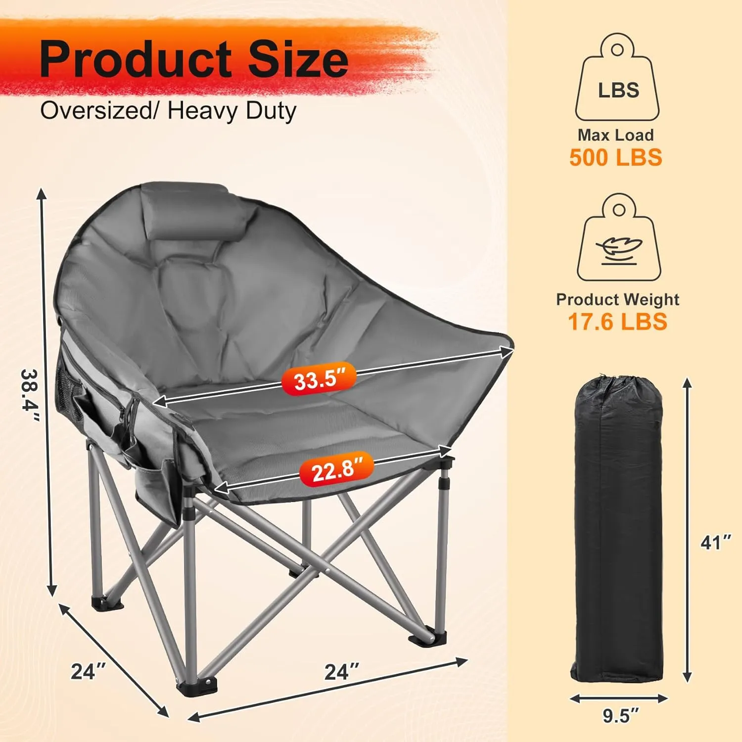 Slendor Heated Camping Chair Oversized, Portable Heated Chair Outdoor Sports with Backrest, High Back, Pillow, 3 Heat Levels, Folding Lawn Patio Lounge Chair, Supports 440 lbs