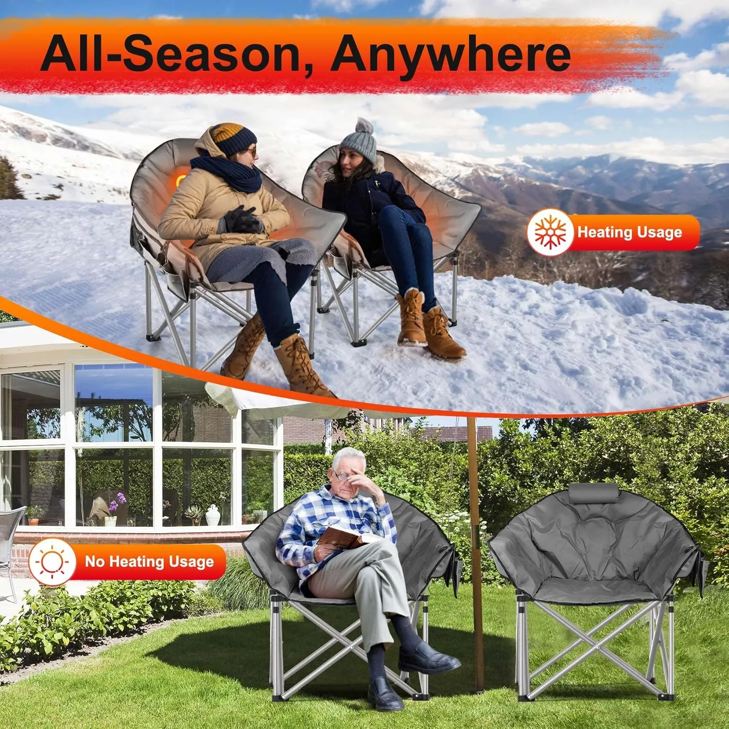 Slendor Heated Camping Chair Oversized, Portable Heated Chair Outdoor Sports with Backrest, High Back, Pillow, 3 Heat Levels, Folding Lawn Patio Lounge Chair, Supports 440 lbs