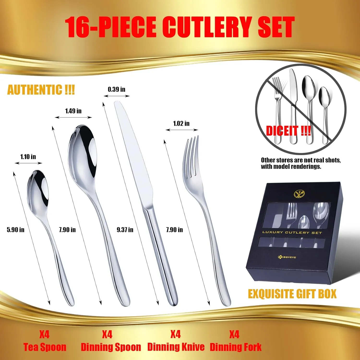 Sliverware Set, 16 Pieces Flatware Set for 4, Food Grade Stainless Steel Tableware Cutlery Set, Knife Fork and Spoon Silverware Set, Heavy Duty Utensils, Home&Restaurant, Dishwasher Safe.