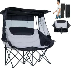 Slsy Double Beach Chair with Canopy Shade, Oversized Folding Loveseat with Cup Holder & Side Pocket for Camping, Beach, Lawn, Fishing