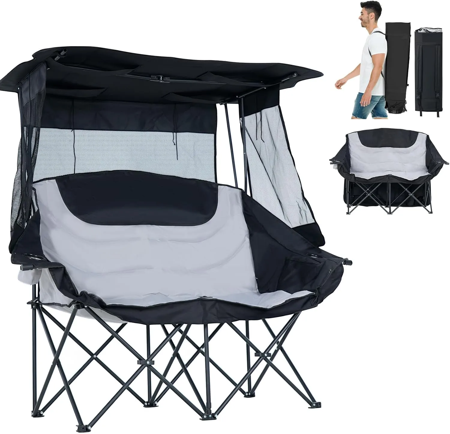 Slsy Double Beach Chair with Canopy Shade, Oversized Folding Loveseat with Cup Holder & Side Pocket for Camping, Beach, Lawn, Fishing
