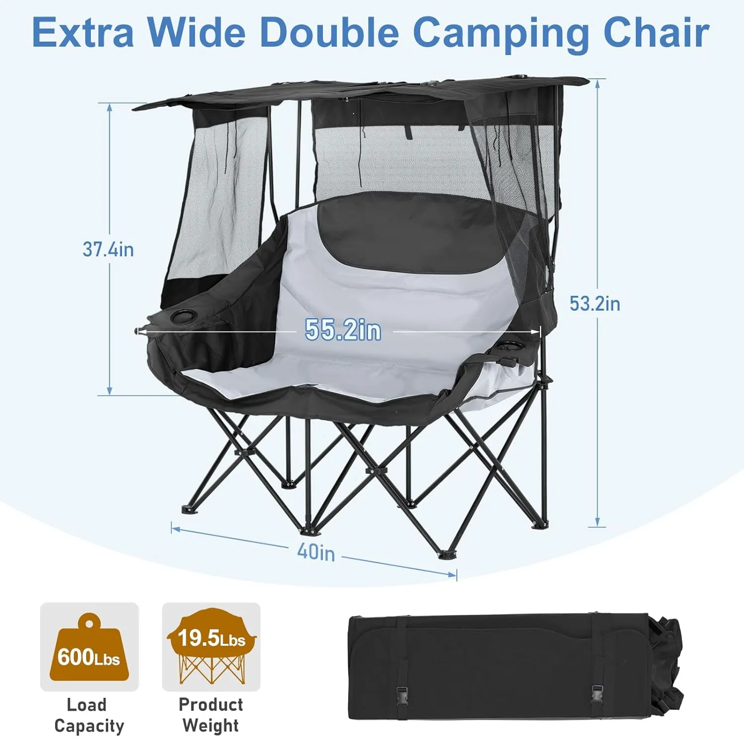 Slsy Double Beach Chair with Canopy Shade, Oversized Folding Loveseat with Cup Holder & Side Pocket for Camping, Beach, Lawn, Fishing