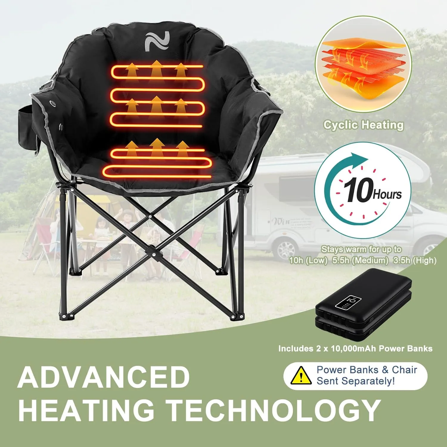 Slsy Oversized Heated Camping Chair Heats Back and Seat, Heated Portable Camp Chair with 3 Heat Levels, Heavy Duty Heated Moon Chair for Lawn, Outdoor, Picnic, Lounge Patio