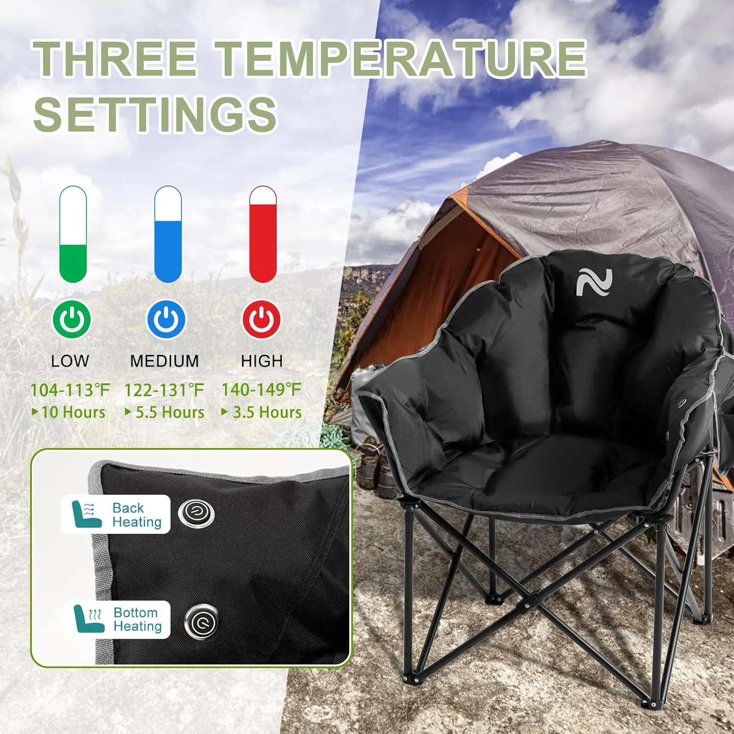 Slsy Oversized Heated Camping Chair Heats Back and Seat, Heated Portable Camp Chair with 3 Heat Levels, Heavy Duty Heated Moon Chair for Lawn, Outdoor, Picnic, Lounge Patio