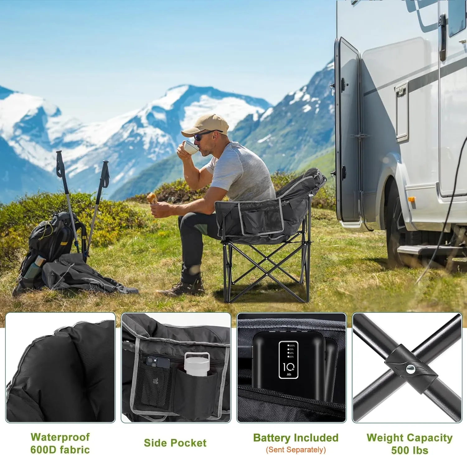 Slsy Oversized Heated Camping Chair Heats Back and Seat, Heated Portable Camp Chair with 3 Heat Levels, Heavy Duty Heated Moon Chair for Lawn, Outdoor, Picnic, Lounge Patio