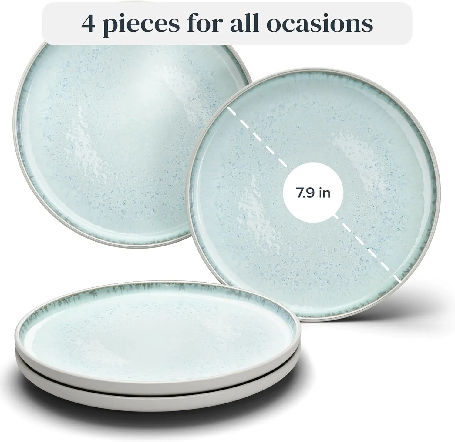Small Dinner Plates Set of 4, 7.5" Stoneware Light Beige Blue Ceramic Plates, Dishwasher and Microwave Safe