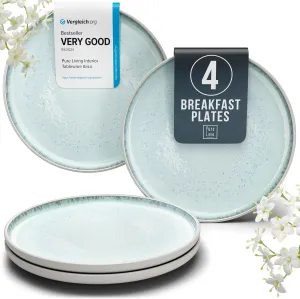 Small Dinner Plates Set of 4, 7.5" Stoneware Light Beige Blue Ceramic Plates, Dishwasher and Microwave Safe