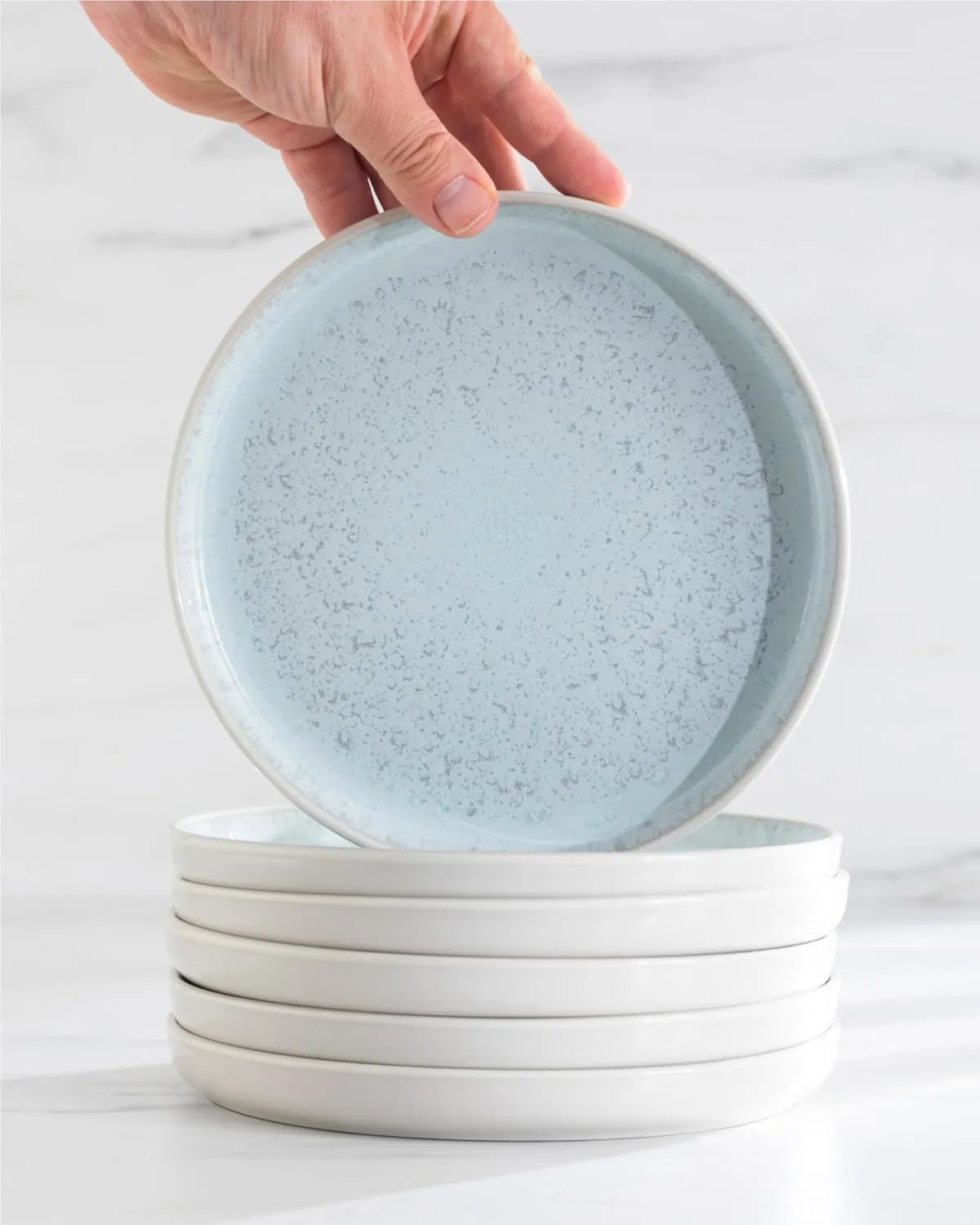 Small Dinner Plates Set of 4, 7.5" Stoneware Light Beige Blue Ceramic Plates, Dishwasher and Microwave Safe