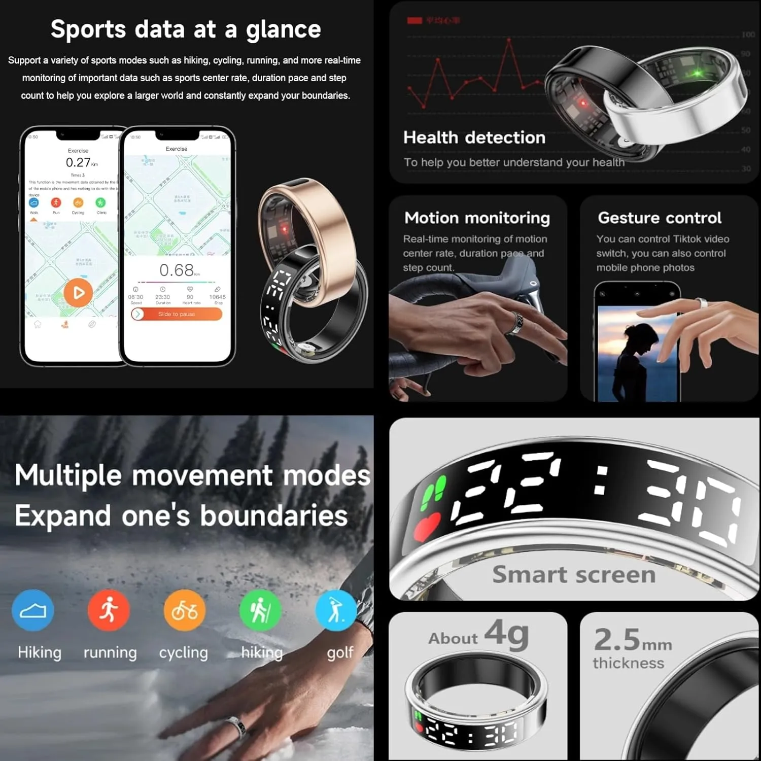 Smart Ring Health Tracker, Wearable Sleep Heart Rate Step Blood Oxygen Tracker, IP68 Waterproof Smart Ring with LED Screen to Track All Your Important Health Indicators