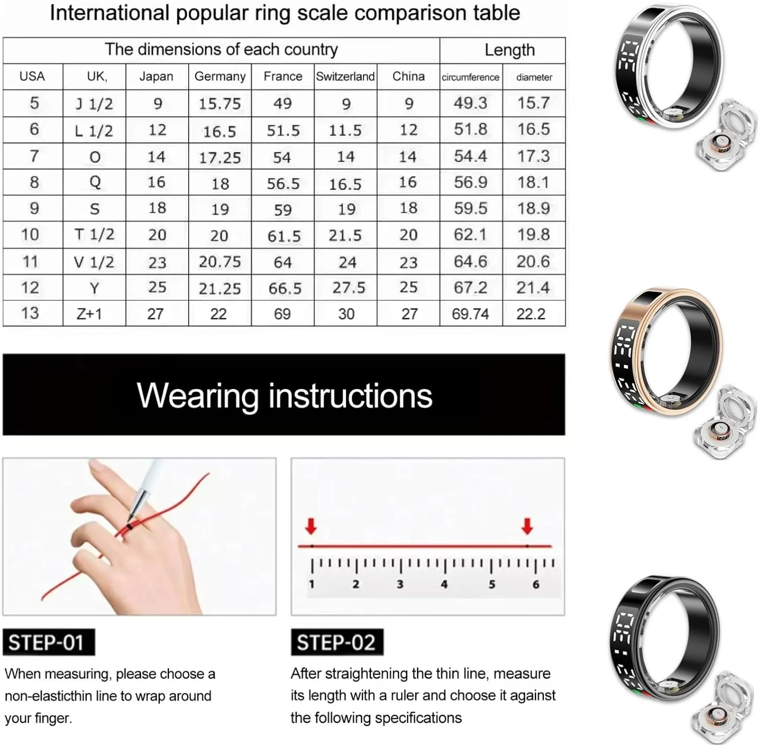 Smart Ring Health Tracker, Wearable Sleep Heart Rate Step Blood Oxygen Tracker, IP68 Waterproof Smart Ring with LED Screen to Track All Your Important Health Indicators