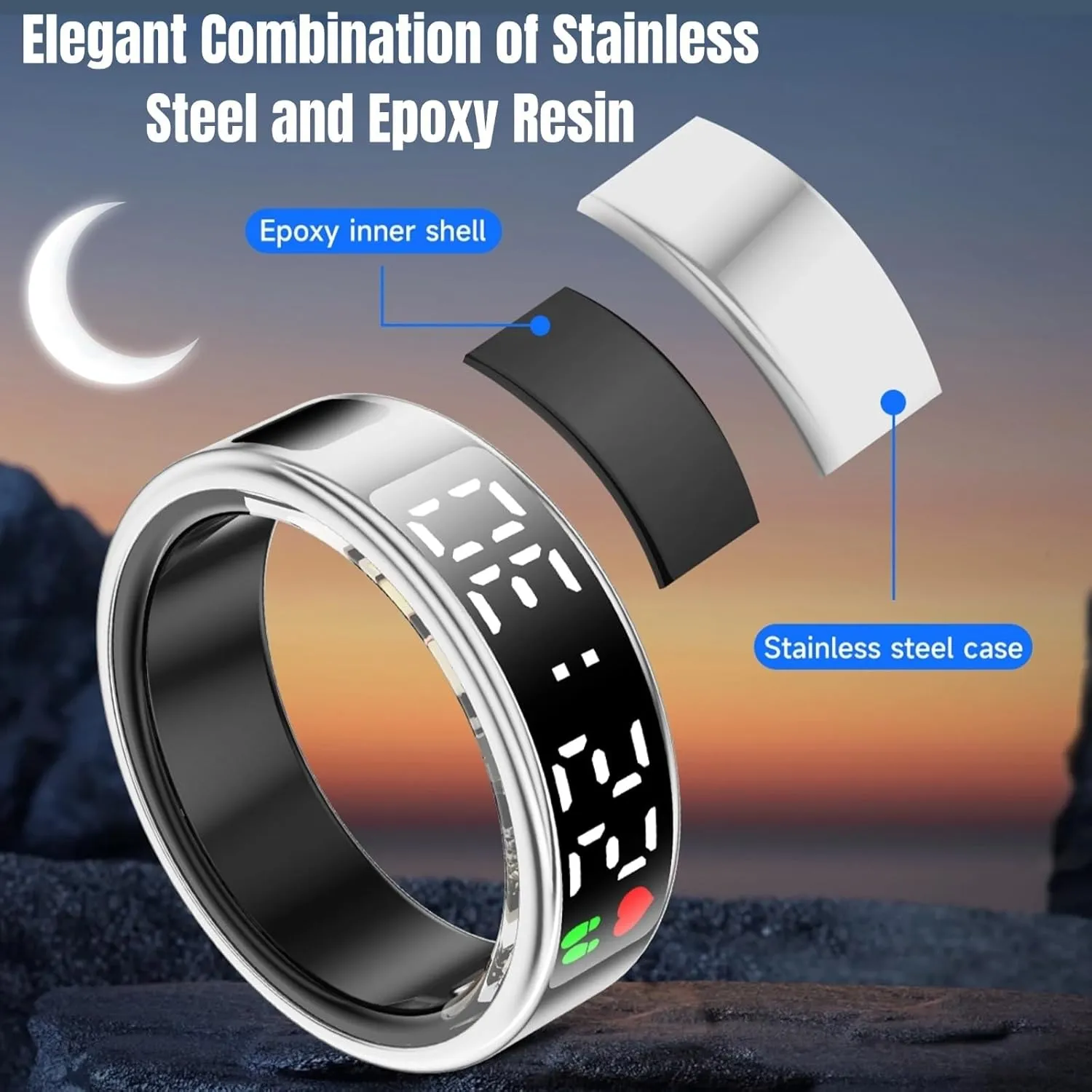 Smart Ring Health Tracker, Wearable Sleep Heart Rate Step Blood Oxygen Tracker, IP68 Waterproof Smart Ring with LED Screen to Track All Your Important Health Indicators