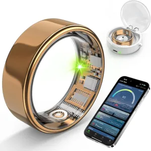 Smart Ring with Sleep Monitoring, Step Counting, Heart Rate, Blood Oxygen for iPhone and Android, No Subscription Fee, IP68 Waterproof Health Tracker (Gold, 11)