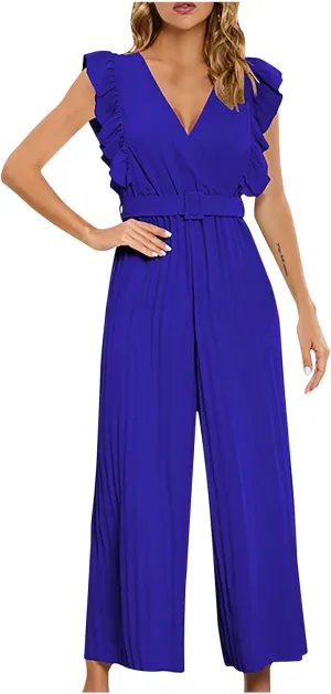 SMIDOW Cocktail Jumpsuits For Women Evening Ruffle Sleeveless V Neck Pleated Belted Wide Leg Pant One Piece Jumpsuits Romper