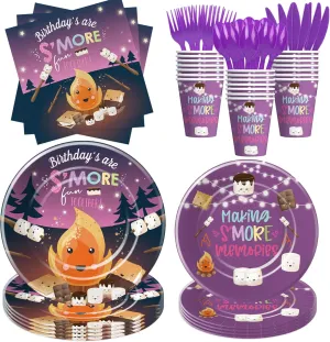 S’Mores Birthday Party Decorations Tableware, Smores Bonfire Birthday Party Supplies, Plate, Cup, Napkin, Cutlery, Backyard Camping Night Campfire S'more Birthday Table Decorations | Serve 24