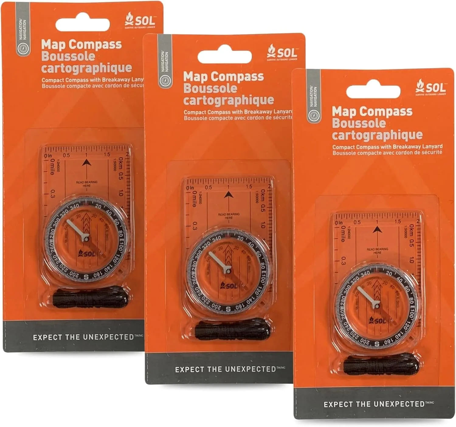 S.O.L. Survive Outdoors Longer Map Compass Hiking Gear Survival - (Pack of 3)