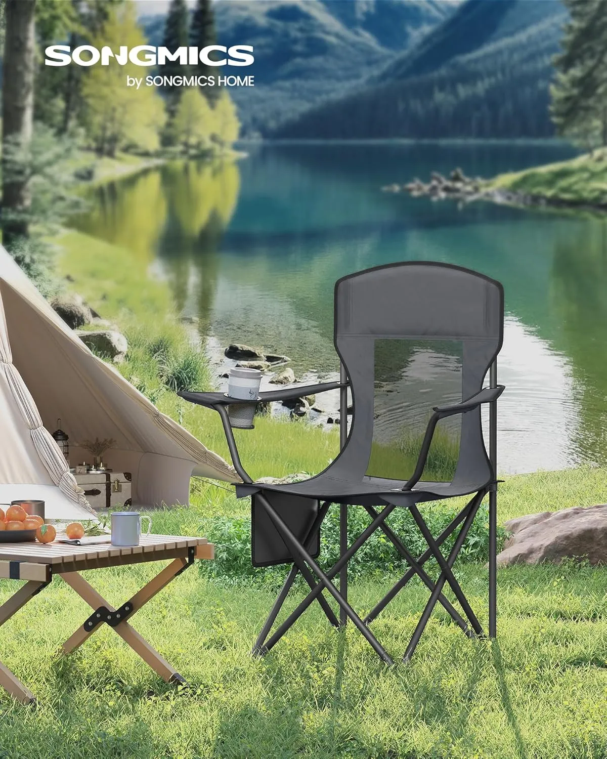 SONGMICS Breathable Camping Chairs, Foldable Outdoor Chairs Set of 2, High Back, Adjustable Armrests, Drink Holder, Weight Capacity 330 lb, for Sports Garden Backyard, Slate Gray UGCB028G01
