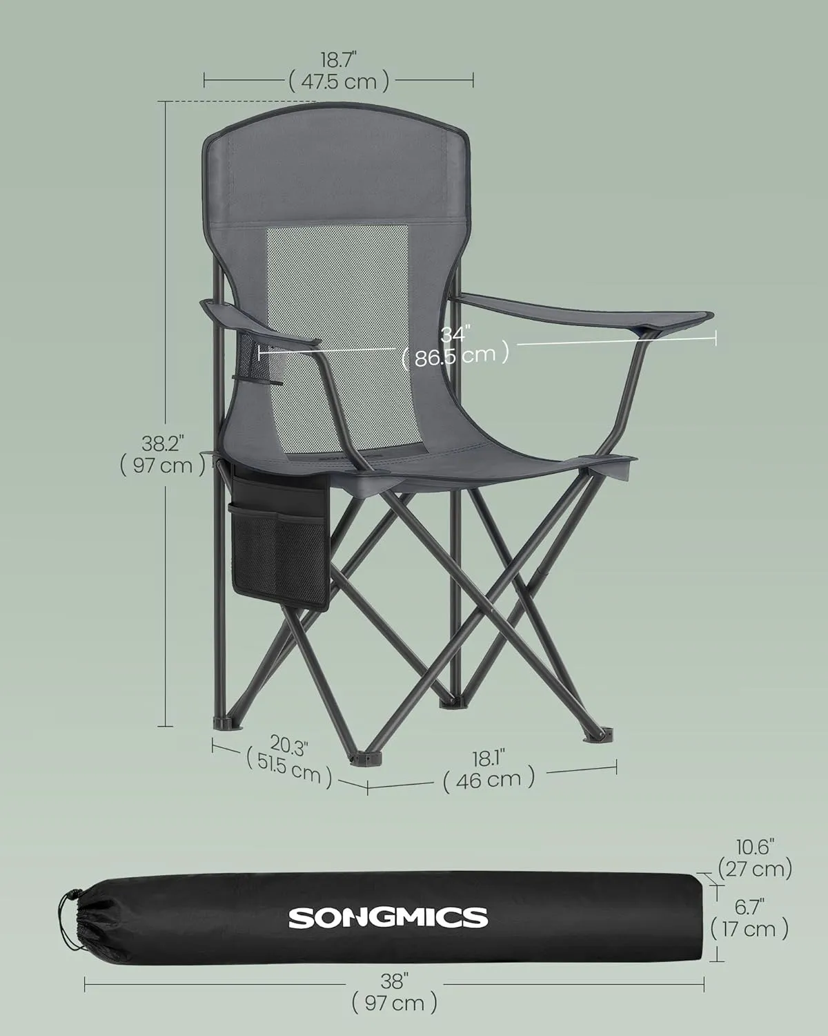 SONGMICS Breathable Camping Chairs, Foldable Outdoor Chairs Set of 2, High Back, Adjustable Armrests, Drink Holder, Weight Capacity 330 lb, for Sports Garden Backyard, Slate Gray UGCB028G01
