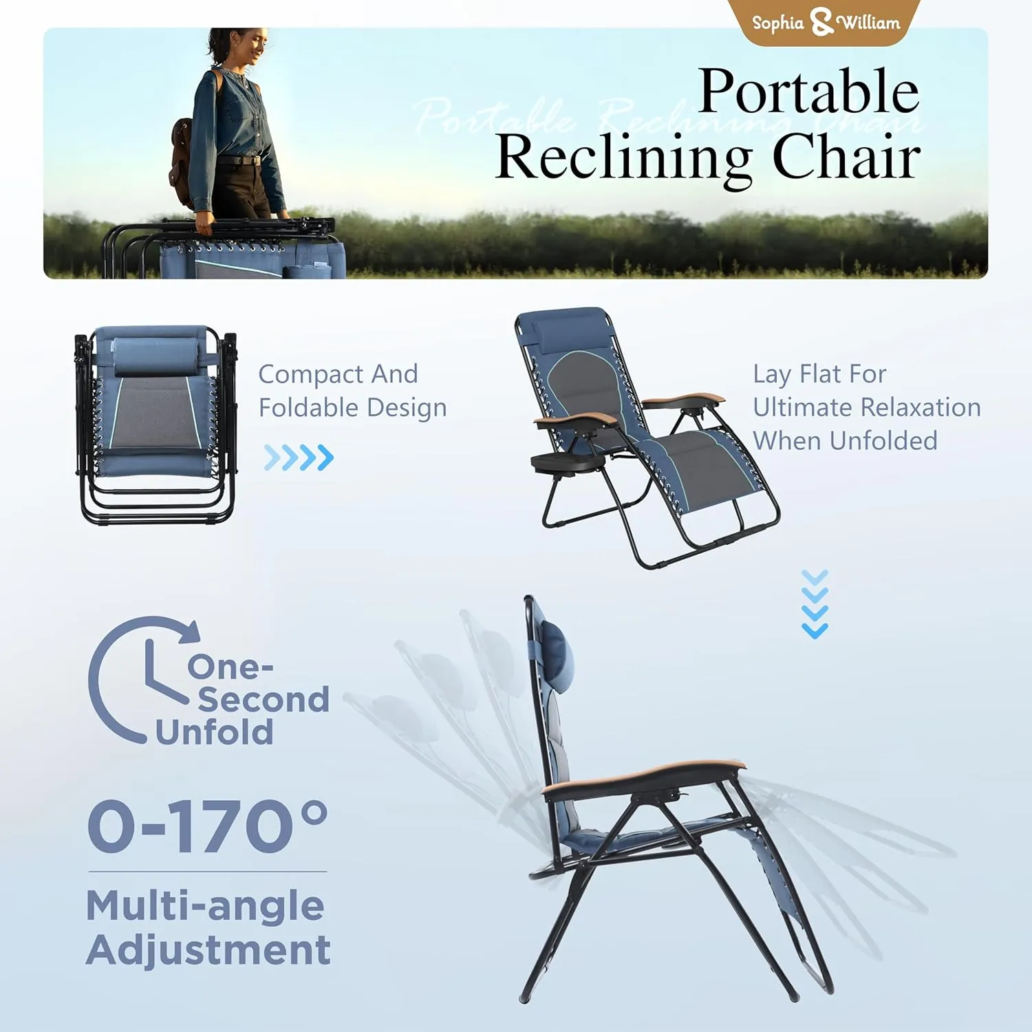 Sophia & William XL Zero Gravity Chair (2 Pack), Oversize Gravity Recliner Lounge Chair with Free Cup Holder, Supports 400 LBS (Blue)