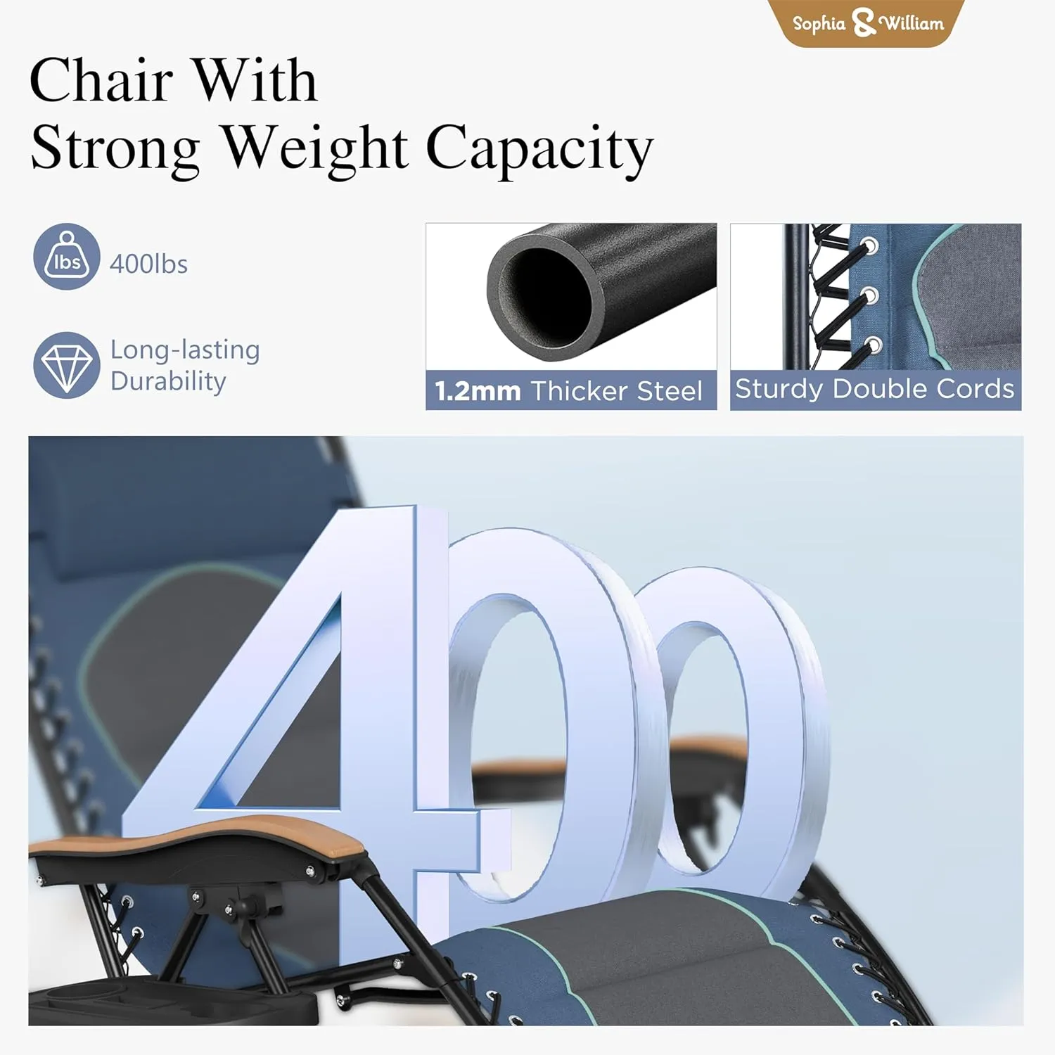 Sophia & William XL Zero Gravity Chair (2 Pack), Oversize Gravity Recliner Lounge Chair with Free Cup Holder, Supports 400 LBS (Blue)