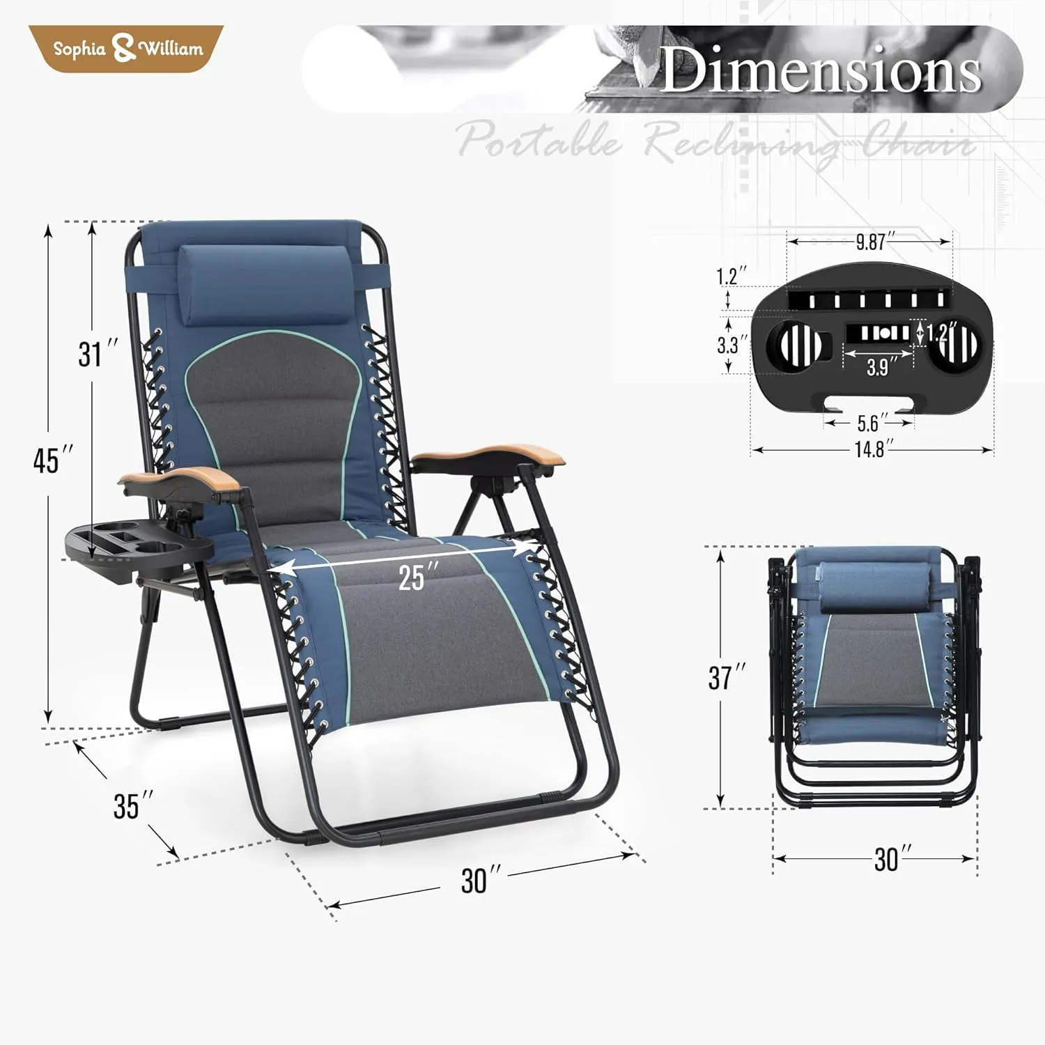 Sophia & William XL Zero Gravity Chair (2 Pack), Oversize Gravity Recliner Lounge Chair with Free Cup Holder, Supports 400 LBS (Blue)