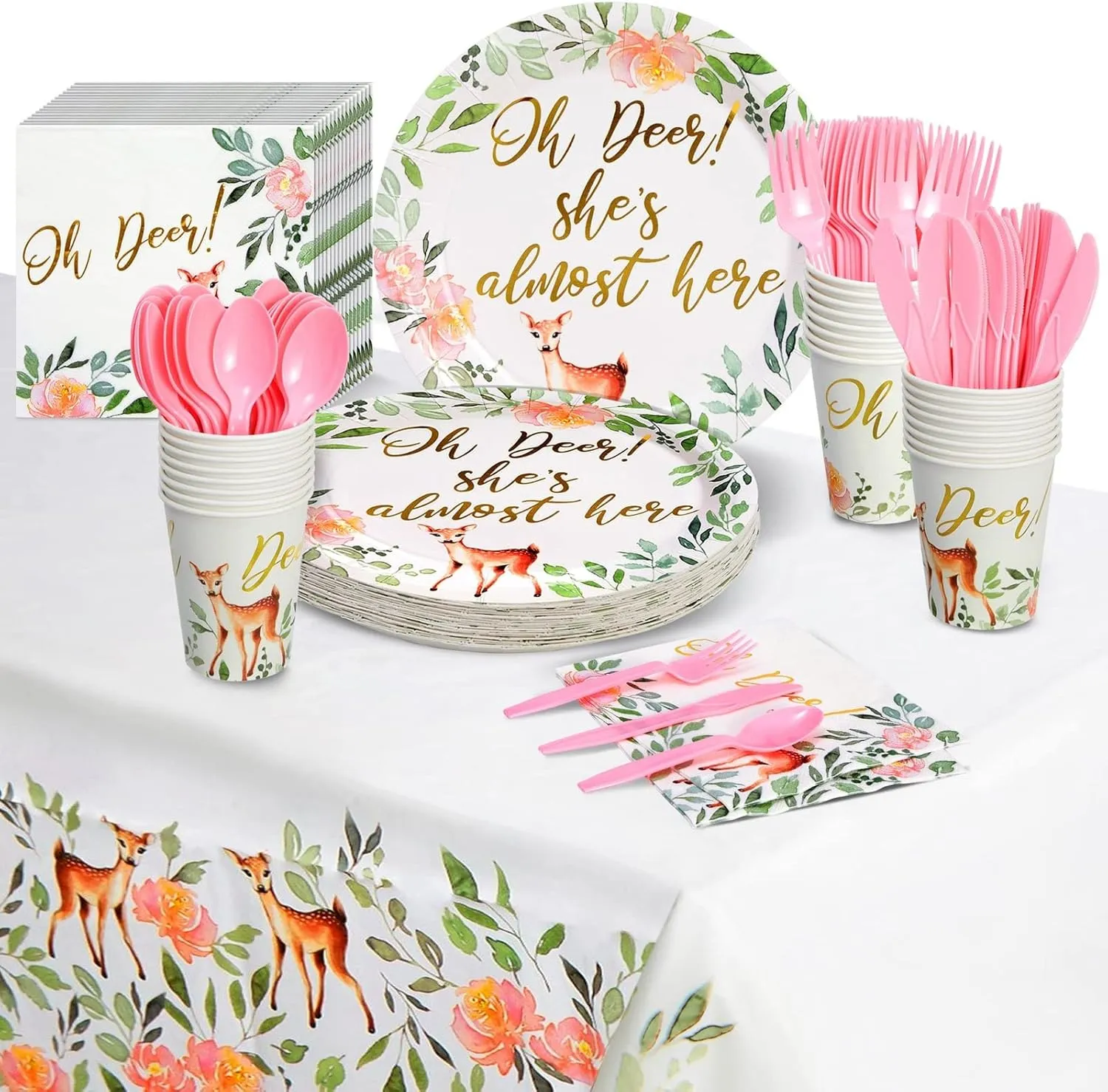 Sparkle and Bash 145-Piece Oh Deer Baby Shower Decorations for Girl with Party Plates, Napkins, Cups, Cutlery & Tablecloth - Oh Deer Baby Shower Decoration Girl Pack (Serves 24)