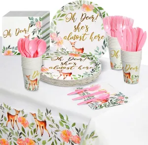 Sparkle and Bash 145-Piece Oh Deer Baby Shower Decorations for Girl with Party Plates, Napkins, Cups, Cutlery & Tablecloth - Oh Deer Baby Shower Decoration Girl Pack (Serves 24)
